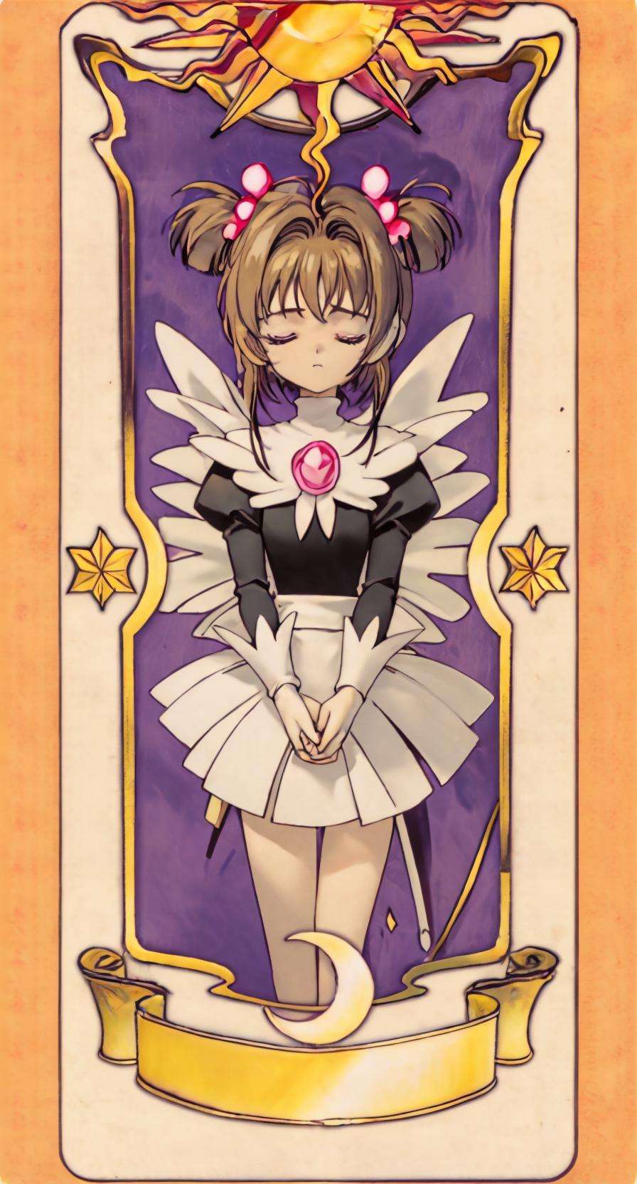 masterpiece, best quality, 1girl, kinomoto_sakura, magical girl, v arms, closed eyes, card, solo, tarot  <lora:sakuraKinomoto_sakuraV2Epoch6:0.8>