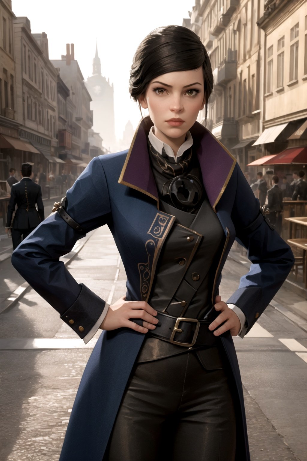 masterpiece, best quality, 1girl, ekaldwin, hands on hips, coat, looking at viewer, outdoors, realistic, Victorian, steampunk, steampunk street background <lora:EmilyKaldwin:1>
