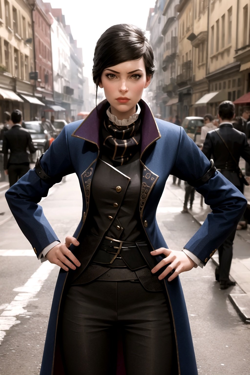 masterpiece, best quality, 1girl, ekaldwin, hands on hips, coat, looking at viewer, outdoors, realistic, Victorian, steampunk, steampunk street background <lora:EmilyKaldwin:1>