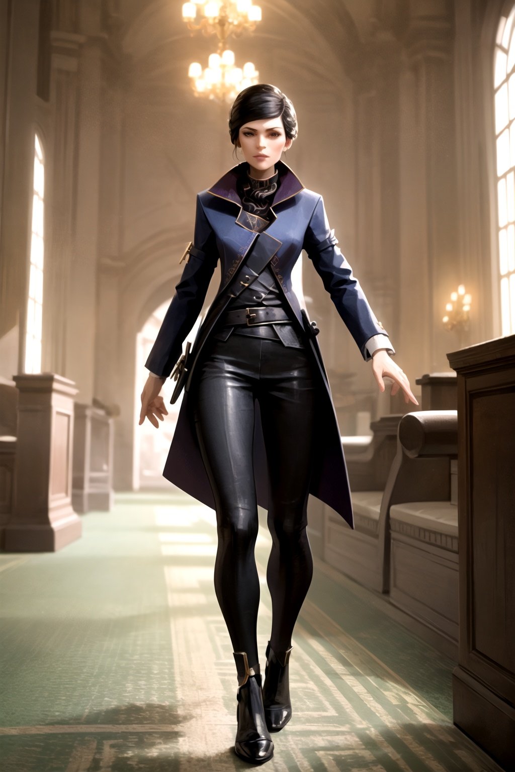 masterpiece, best quality, 1girl, ekaldwin, leather outfit, indoors, castle background <lora:EmilyKaldwin:1>