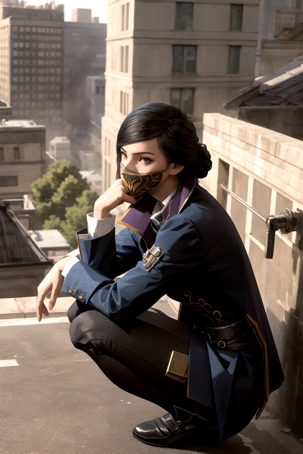 masterpiece, best quality, 1girl, ekaldwin, squatting, coat, mask, looking away, outdoors, realistic, view from side, victorian steampunk, building rooftop background <lora:EmilyKaldwin:1>