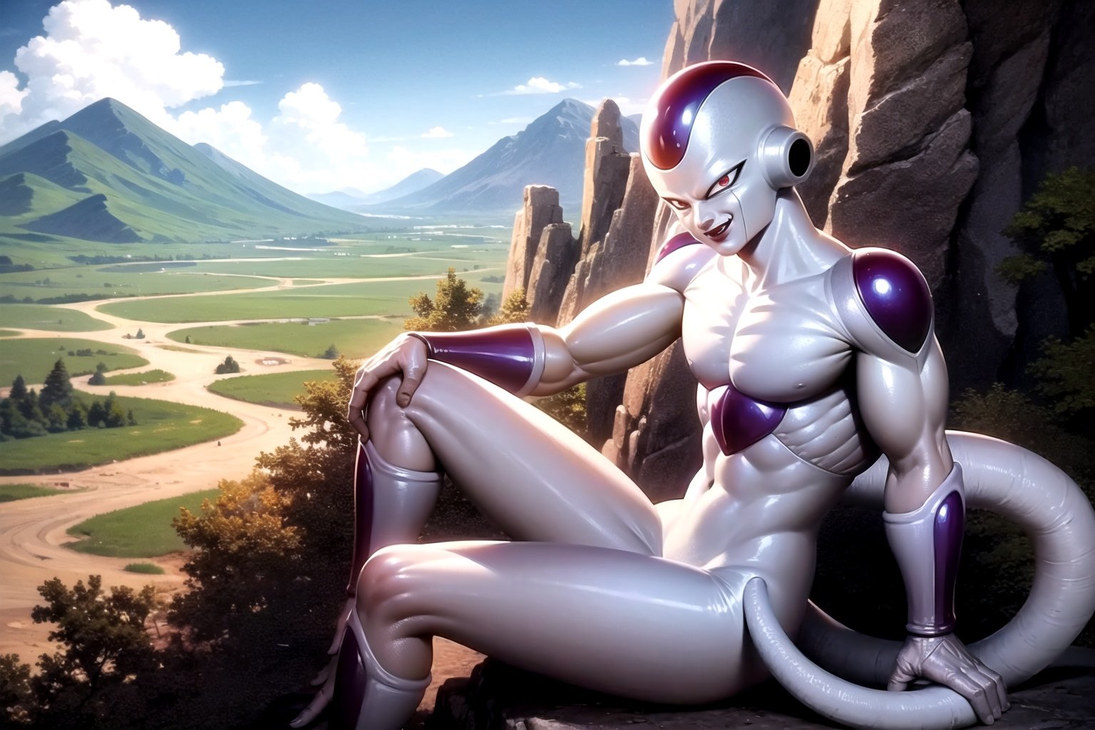 masterpiece, best quality, 1boy, frieza, sitting, looking at viewer, male focus, tail, red eyes, solo, smile, outdoors, mountainside, cliff face, blue sky <lora:Frieza:1>