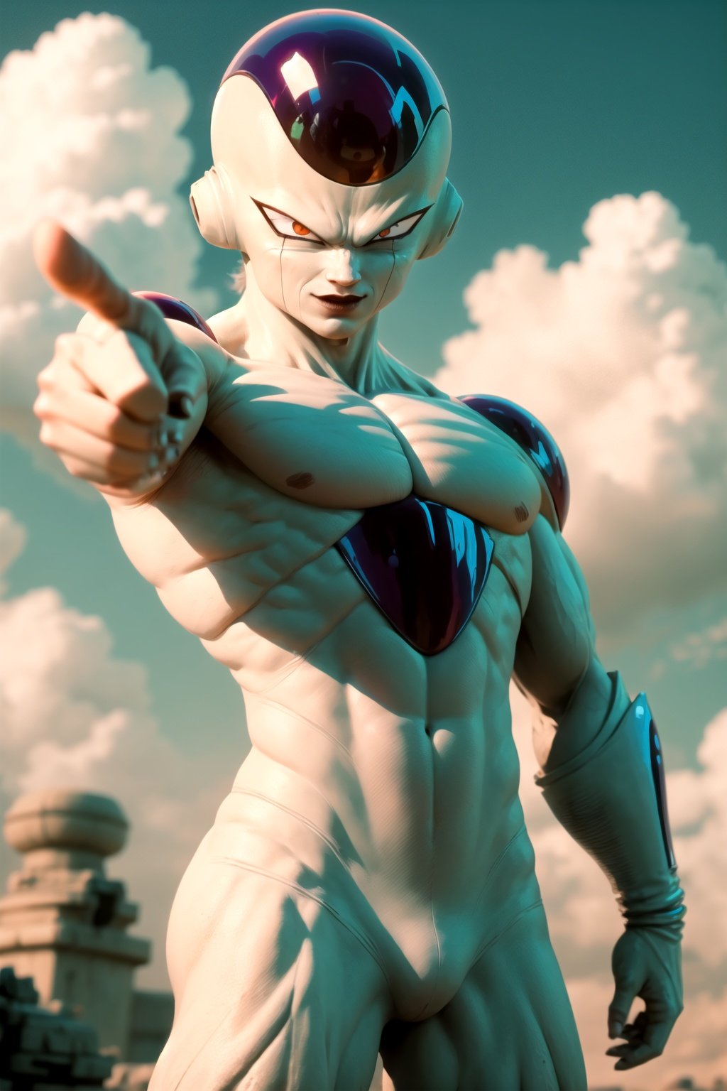 masterpiece, best quality, frieza, 1boy, solo, pointing at viewer, looking at viewer, male focus, blue sky, cloud <lora:Frieza:1>