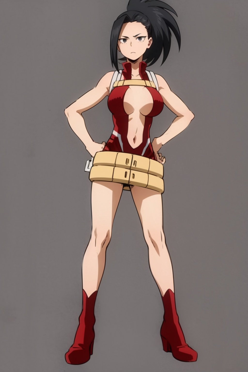 masterpiece, best quality, yaoyorozu momo, 1girl, black eyes, black hair,  ponytail, long hair, hair pulled back, breasts, center opening, cleavage, full body, hands on hips, standing, leotard, navel, red footwear, red leotard, solo, looking at viewer, hero outfit, simple background <lora:MomoYaoyorozu:1>
