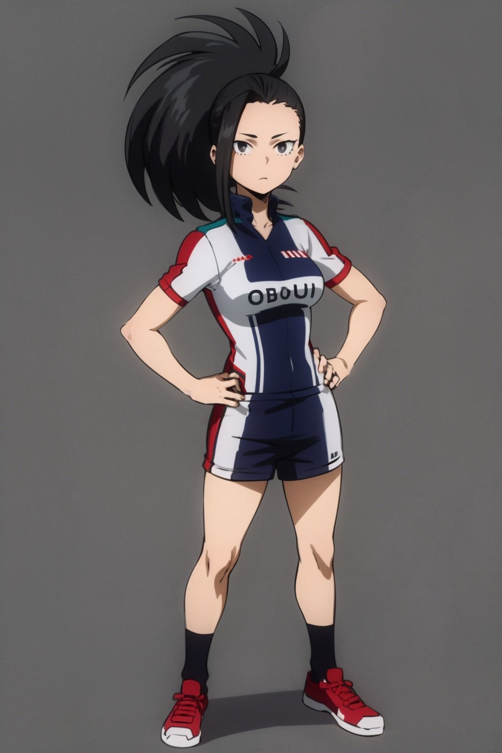 masterpiece, best quality, yaoyorozu momo, 1girl, black eyes, black hair,  ponytail, long hair, hair pulled back, full body, hands on hips, standing, short sleeves, solo, looking at viewer, training outfit, simple background <lora:MomoYaoyorozu:1>