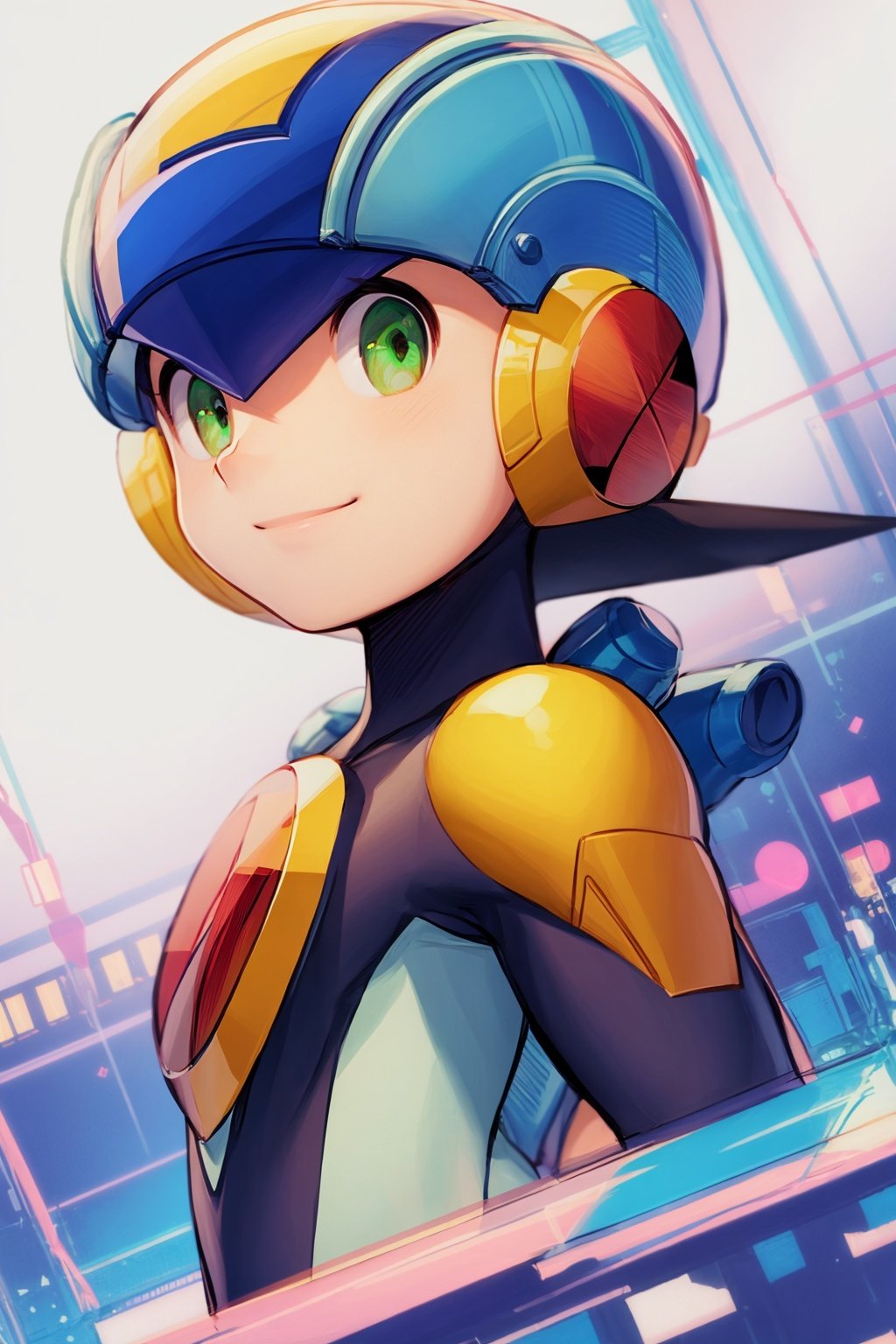 masterpiece, best quality, 1boy, megaman, black hair, closed mouth, green eyes, helmet, looking at viewer, male focus, smile, solo, upper body, sketch, white background <lora:Megaman:1>