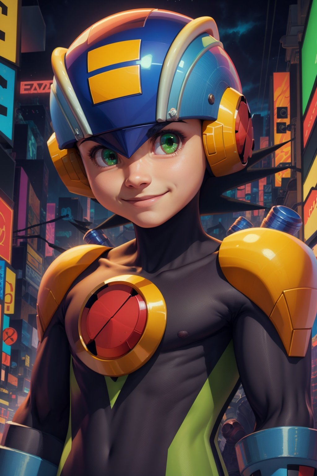masterpiece, best quality, 1boy, megaman, black hair, closed mouth, closeup, green eyes, helmet, looking at viewer, male focus, smile, solo, cyberpunk city background, night, neon light <lora:Megaman:1>