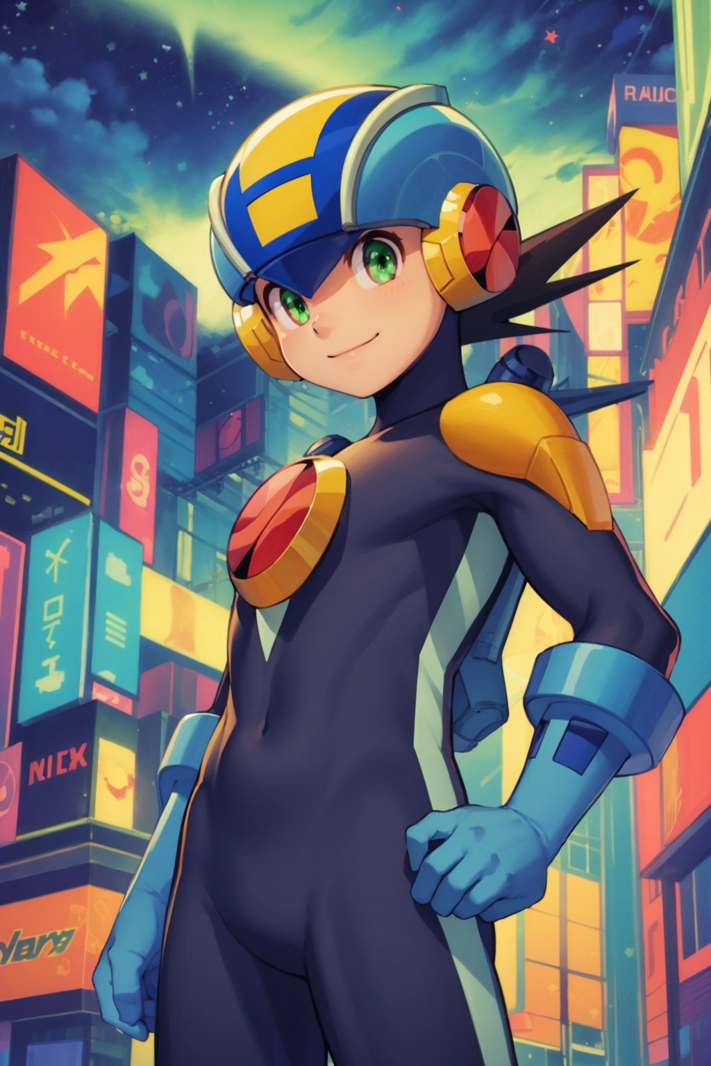 masterpiece, best quality, 1boy, megaman, black hair, closed mouth, closeup, green eyes, helmet, looking at viewer, male focus, smile, solo, night, city light, view from below, night sky, cyberpunk city background <lora:Megaman:1>