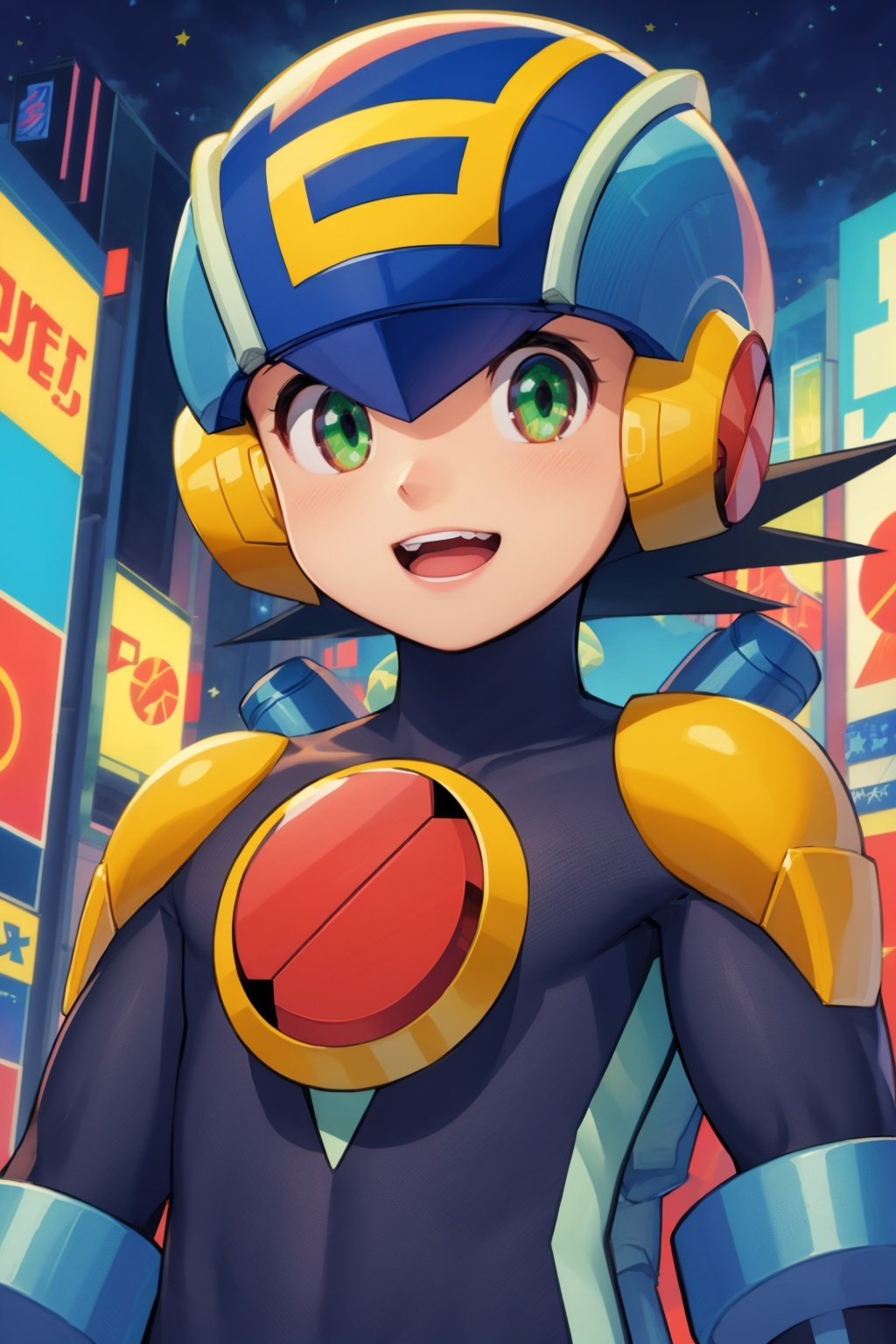 masterpiece, best quality, 1boy, megaman, black hair, closed mouth, closeup, green eyes, helmet, looking at viewer, male focus, open mouth,  upper teeth only, smile, solo, night, city light, view from below, night sky, cyberpunk city background <lora:Megaman:1>