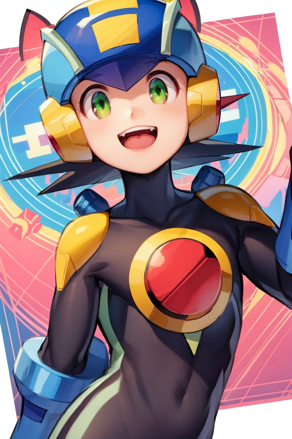 masterpiece, best quality, 1boy, megaman, black hair, closed mouth, closeup, green eyes, helmet, looking at viewer, male focus, open mouth,  upper teeth only, smile, solo, sketch, white background <lora:Megaman:1>