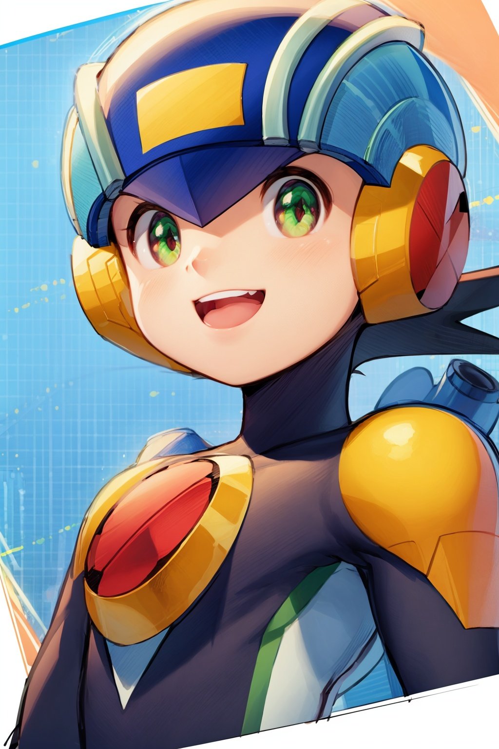 masterpiece, best quality, 1boy, megaman, black hair, closed mouth, closeup, green eyes, helmet, looking at viewer, male focus, open mouth,  upper teeth only, smile, solo, sketch, white background <lora:Megaman:1>