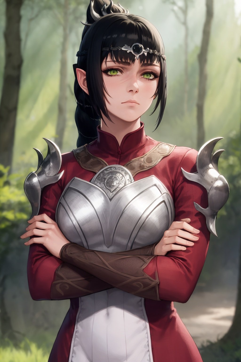 masterpiece, best quality, 1girl, shadowheart, black hair, braided ponytail, green eyes, circlet, crossed arms, emotionless, looking at viewer, forest, blurry background <lora:ShadowHeart:1>