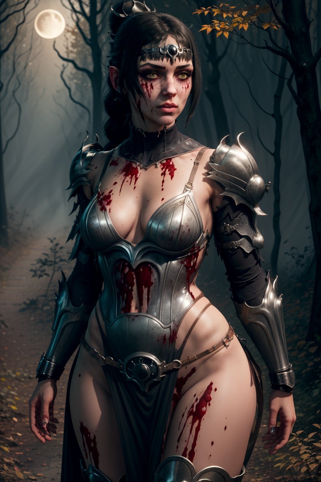 masterpiece, best quality, 1girl, shadowheart, black hair, braided ponytail, green eyes, circlet, dirty, (blood:1.3), cleavage, medium breasts, armor, wide hips, thick thighs, thin waist night, (halloween:0.3), moon, creepy mist, outdoors, trees, fall forest background <lora:epiNoiseoffset_v2:1> <lora:add_detail:0.4> <lora:ShadowHeart:1>