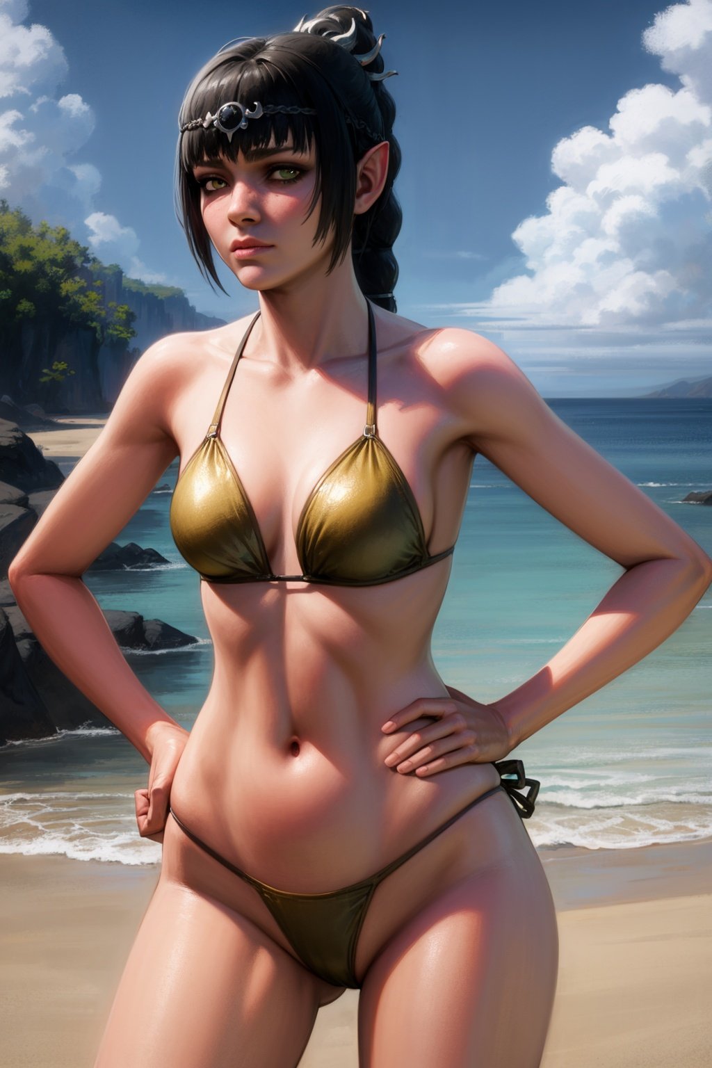 masterpiece, best quality, 1girl, shadowheart, black hair, braided ponytail, green eyes,  bikini,  hands on hips, emotionless, looking at viewer, sea, sand, blue sky, beach background <lora:ShadowHeart:1>