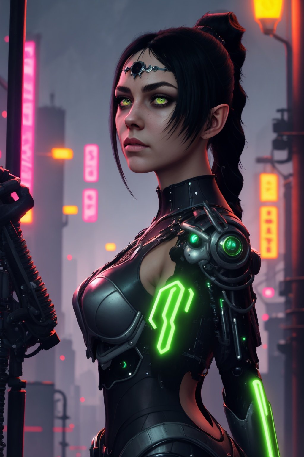 masterpiece, best quality, 1girl, shadowheart, black hair, braided ponytail, green eyes, circlet, looking at viewer, mechanical arms, cyberpunk city background, night, neon light <lora:ShadowHeart:1> 