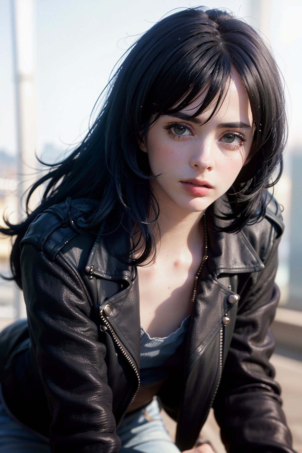 8k, best quality, real picture, intricate details, ultra-detailed, ultra highres, depth field,(photorealistic,realistic:1.2),masterpiece,photo of  european girl, jessicajones, black hair, long hair, black leather jacket, jeans, solo, sun, blue sky,best quality, realistic, photorealistic, (intricate details:1.2), (delicate detailed), (cinematic light), clear line, sharp focus, realistic face, detailed face,unity 8k wallpaper, ultra high res, (photorealistic:1.4), looking at viewer  <lora:JessicaJonesV2:1>