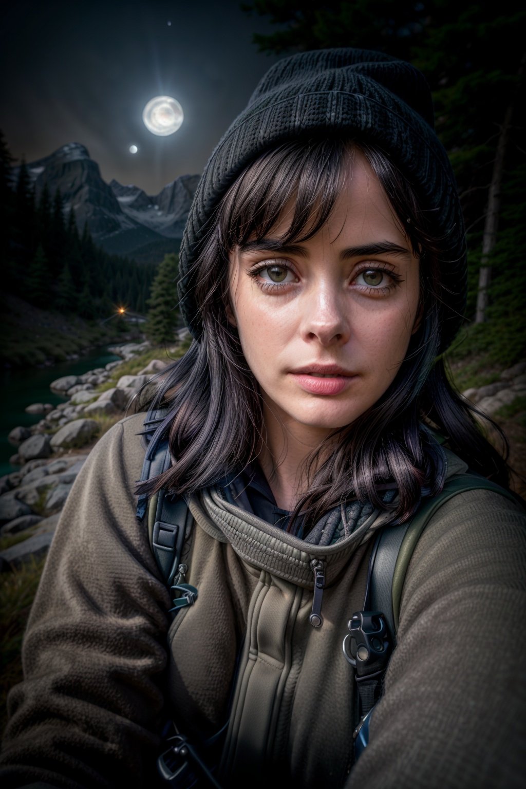 1girl, jessicajones, long hair, black hair, ((upper body selfie, happy)), masterpiece, best quality, ultra-detailed, solo, outdoors, (night), mountains, nature, (stars, moon) cheerful, happy, backpack, sleeping bag, camping stove, water bottle, mountain boots, gloves, sweater, hat, flashlight, forest, rocks, river, wood, smoke, shadows, contrast, clear sky, analog style, (look at viewer:1.2), (skin texture), (film grain:1.3), (warm hue, warm tone :1.2), close up, cinematic light, sidelighting, ultra high res, best shadow, RAW, upper body, wearing pullover  <lora:JessicaJonesV2:1>