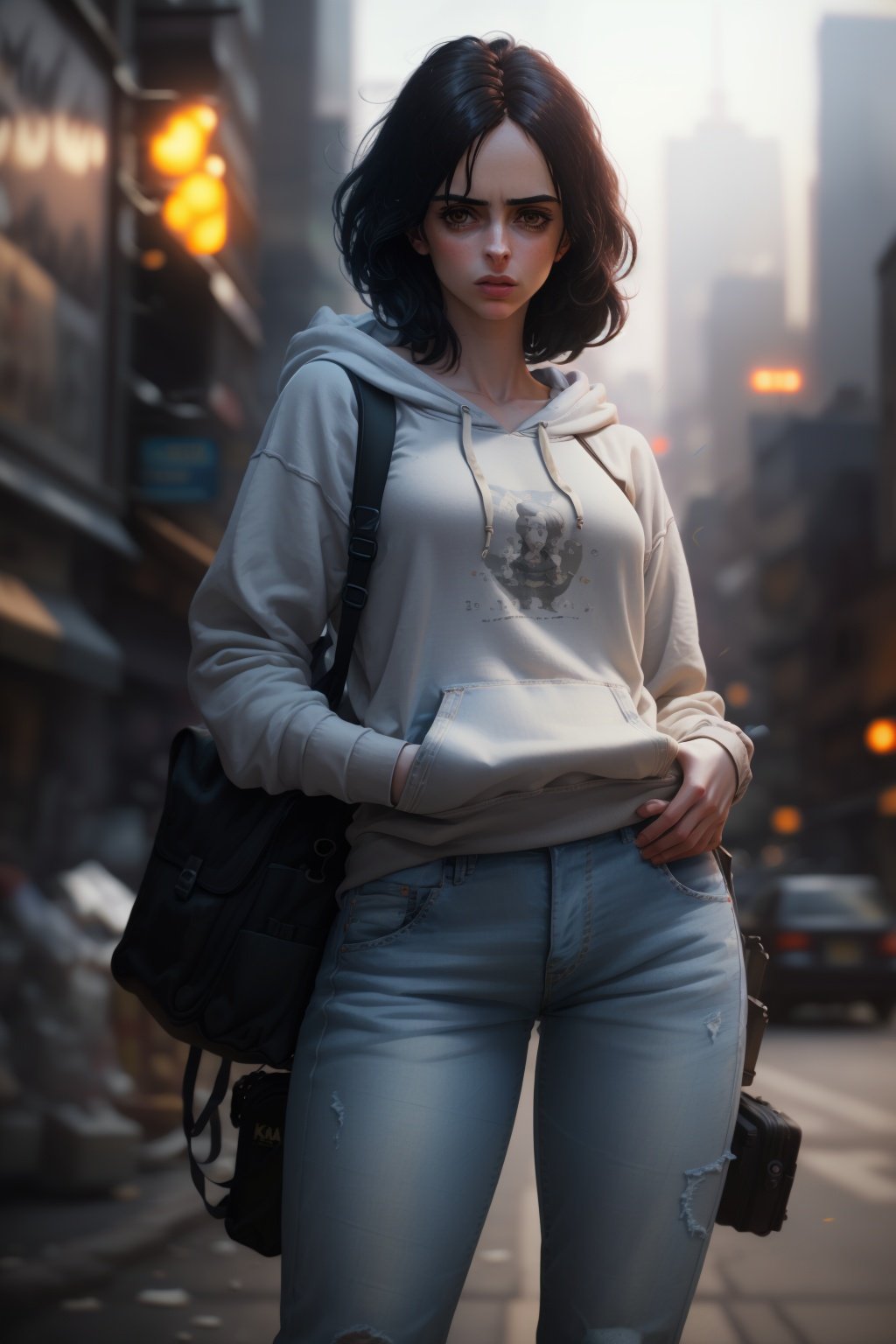 8k, best quality, real picture, intricate details, ultra-detailed, ultra highres, depth field,(photorealistic,realistic:1.2), masterpiece,photo of 1girl, jessicajones, arms on hips, realistic, grey hoodie, jeans, black hair, lips, long hair, solo, ruined city background by lee jeffries, nikon d850, film stock, photograph 4 kodak portra 400 camera f1.6 lens, rich colors, hyper realistic, lifelike texture, dramatic lighting, unreal engine, trending on artstation, cinestill 800  <lora:JessicaJonesV2:1>