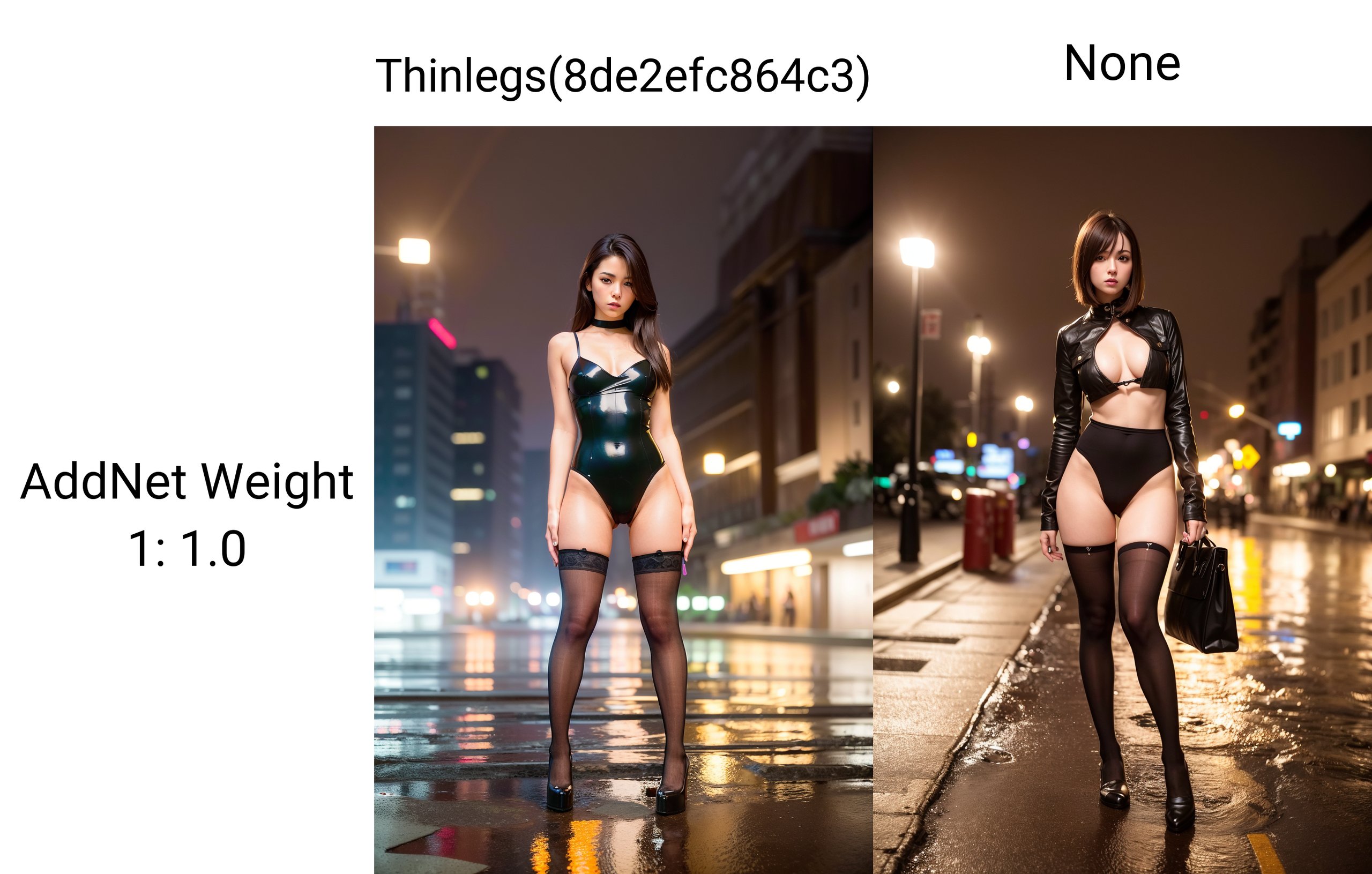 (8k, RAW photo, best quality, masterpiece:1.2), (realistic, photo-realistic:1.37),1girl,cute, thin legs, narrow hips, cityscape, night, rain, wet,professional lighting, photon mapping, radiosity, physically-based rendering, full body,thighhighs