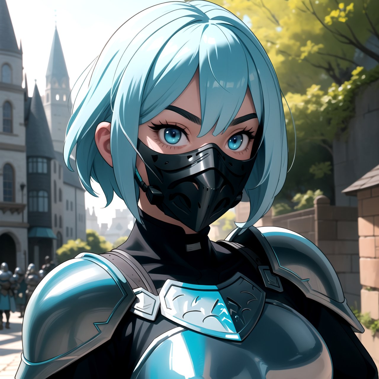 centered, upper body, award winning upper body portrait, (detailed face), (beautiful detailed eyes:1.2), (glowinig eyes:1.2), (aura:1.1), | solo, knight woman, short hair, aqua hair color, light blue eyes, (black knight tight armor), (iron plate mouth mask:1.2), | symetrical and detailed armor, | fantasy town, medieval, european street, | bokeh, depht of field, | hyperealistic shadows, smooth detailed, blurred background