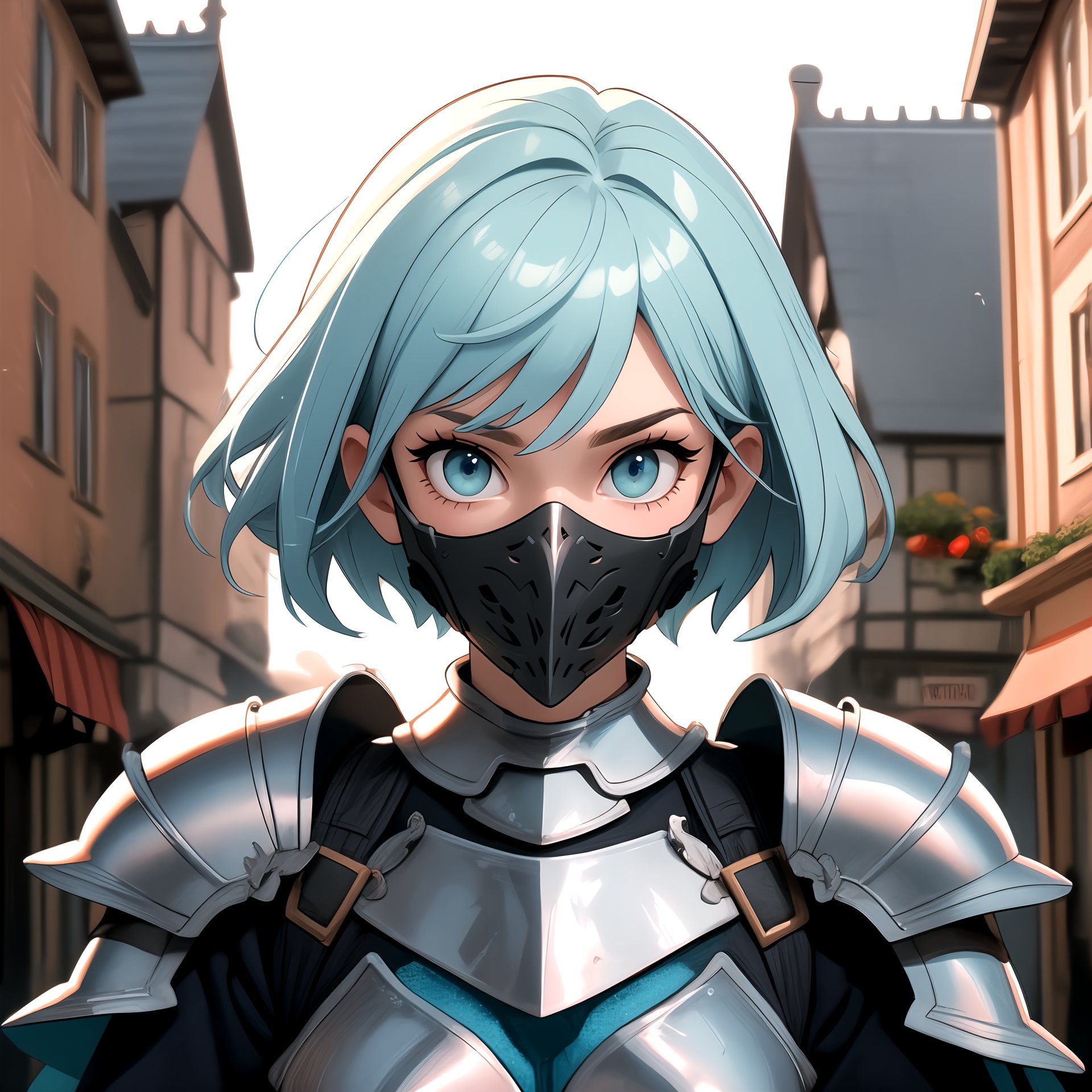 centered, upper body, award winning upper body portrait, (detailed face), (beautiful detailed eyes:1.2), (glowinig eyes:1.2), (aura:1.1), | solo, knight woman, short hair, aqua hair color, light blue eyes, (black knight tight armor), (iron plate mouth mask:1.2), | symetrical and detailed armor, | fantasy town, medieval, european street, | bokeh, depht of field, | hyperealistic shadows, smooth detailed, blurred background,