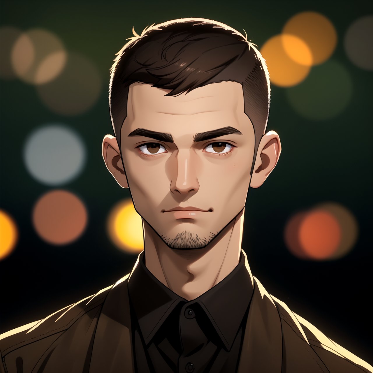 (looking at viewer), young adult man, (dark brown eyes), (buzzcut hairstyle), (dark brown hair color), | centered, award winning face portrait, solo, man, | character concept, digital art, masterpiece, | bokeh, depth of field, |   