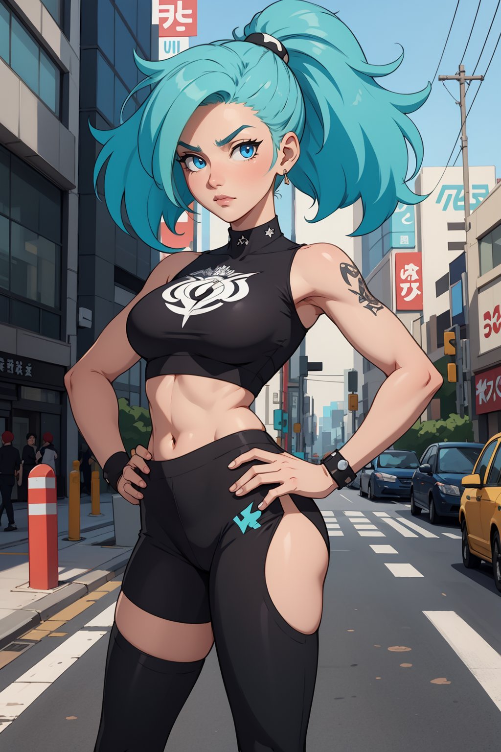 masterpiece, best quality, toon style, 1girl, punk style, modeling, photoshoot, cyan hair, dynamixc pose, shibuya bulding