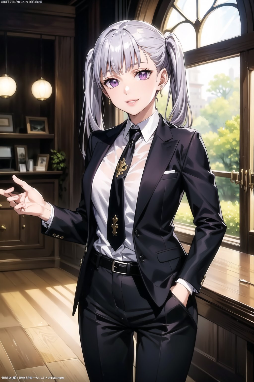 (best quality), (highly detailed), masterpiece, (official art), oelle_silva, long hair, purple eyes, twintails, bangs, earring, silver hair,  lips, smile, necktie,pose,  black jacket,(black suit), open suit,  open jacket,long sleeves, shirt tucked in,looking at viewer, shirt, black necktie, white shirt, medium breasts,window, formal, office lady,pants, black pants, black belt, business suit, suit,  (intricately detailed, hyperdetailed), blurry background,depth of field, best quality, masterpiece, intricate details, tonemapping, sharp focus, hyper detailed, trending on Artstation,1 girl, solo,high res,official art