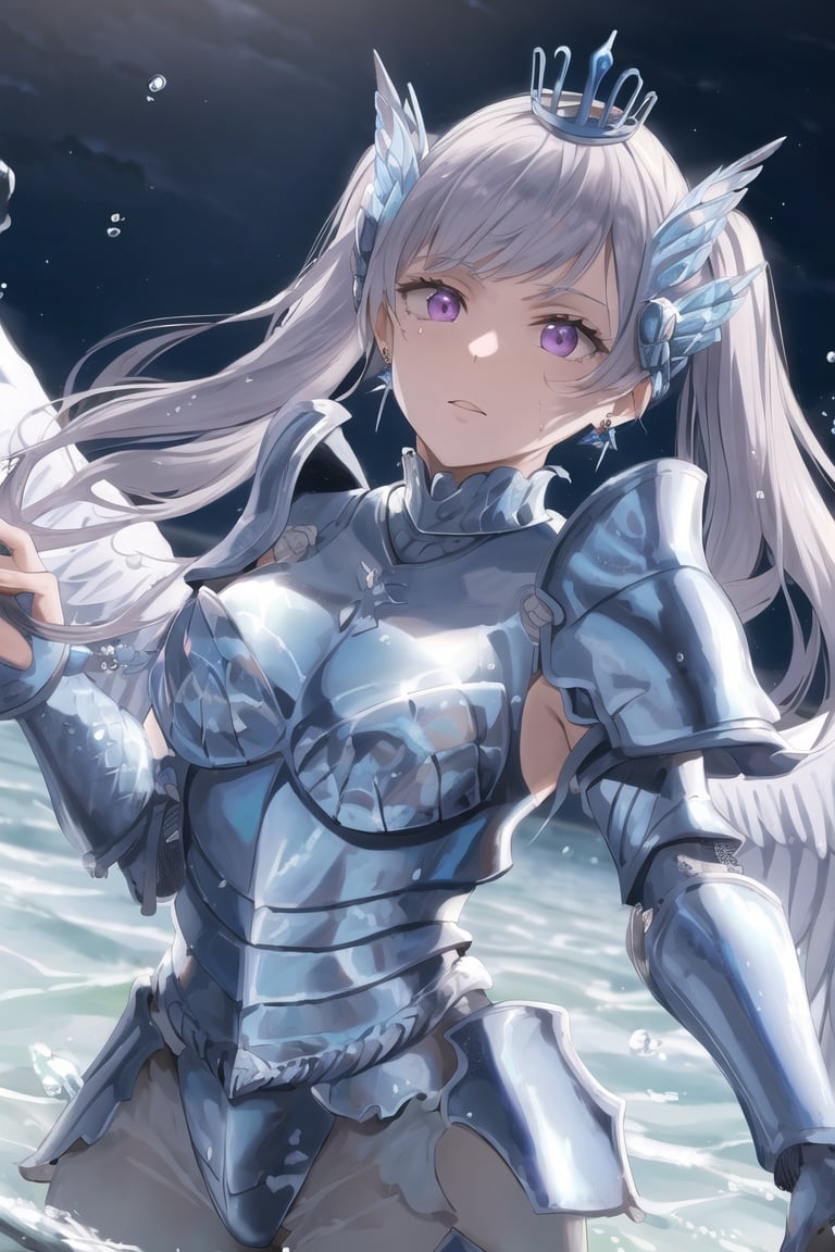 (((masterpiece))), best quality,(noelle_silva),long hair ,twintails,purple eyes,silver hair, bangs, ((water_armor)), earring, wings, blurry background, crown, valkyrie, armored dress, angel, night, holding water sword, fighting stance