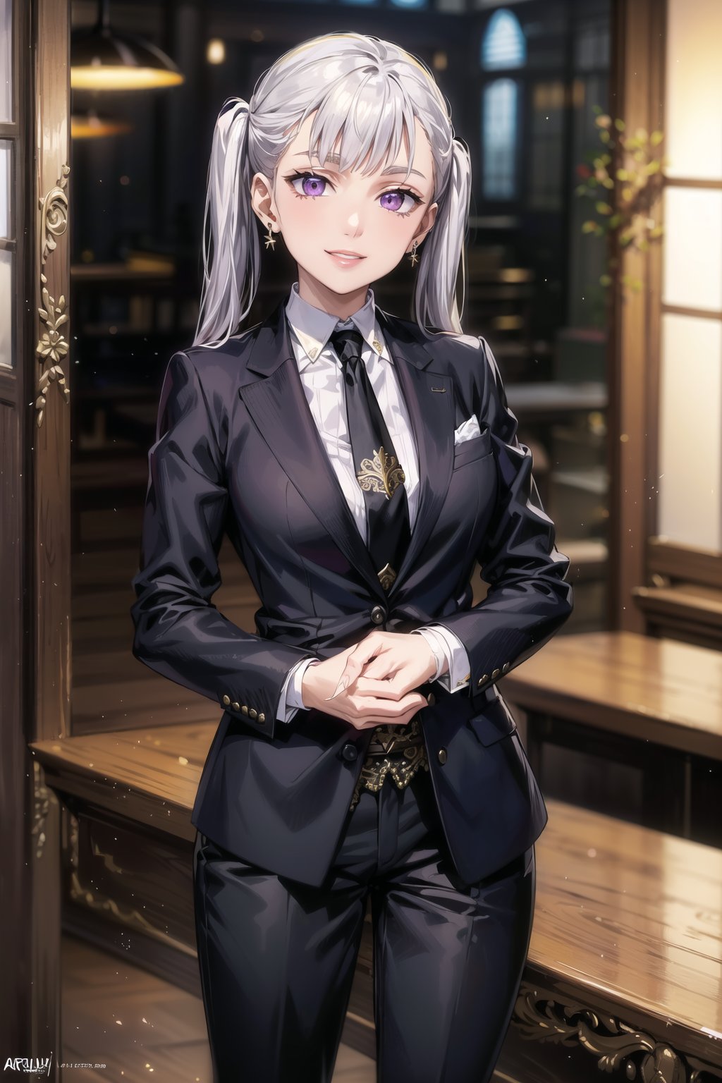 (best quality), (highly detailed), masterpiece, (official art), oelle_silva, long hair, purple eyes, twintails, bangs, earring, silver hair,  lips, smile, necktie,pose,  black jacket,(black suit), open suit,  open jacket,long sleeves, shirt tucked in,looking at viewer, shirt, black necktie, white shirt, medium breasts,window, formal, office lady,pants, black pants, black belt, business suit, suit,  (intricately detailed, hyperdetailed), blurry background,depth of field, best quality, masterpiece, intricate details, tonemapping, sharp focus, hyper detailed, trending on Artstation,1 girl, solo,high res,official art