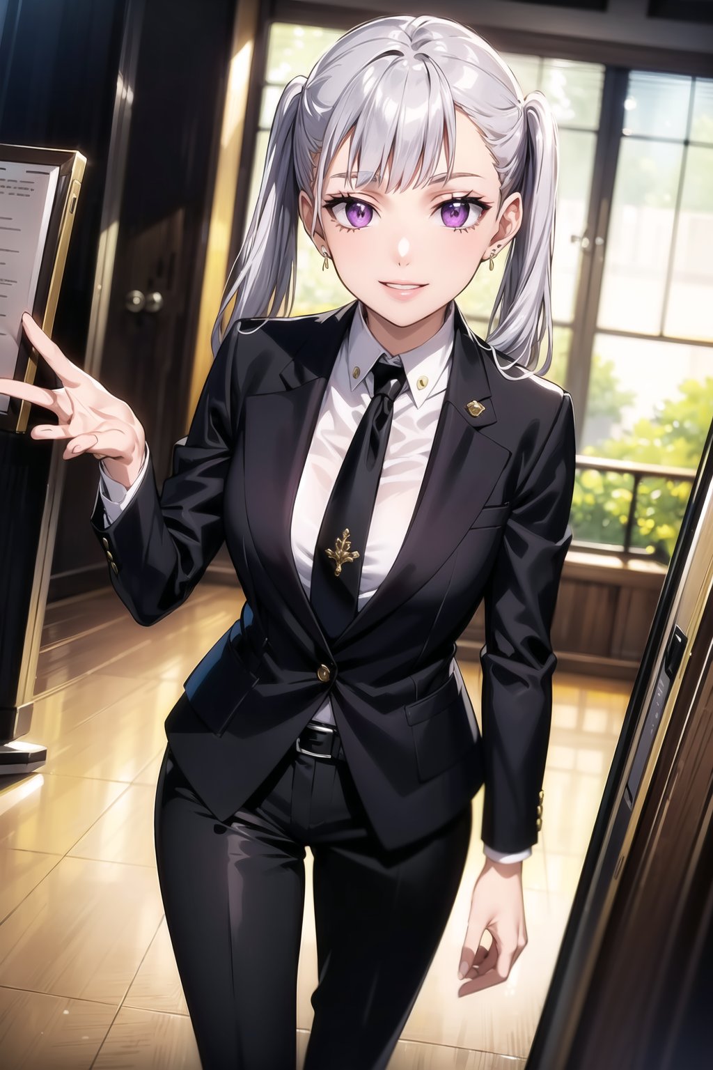 (best quality), (highly detailed), masterpiece, (official art), oelle_silva, long hair, purple eyes, twintails, bangs, earring, silver hair,  lips, smile, necktie,  black jacket,(black suit), open suit,  open jacket,long sleeves, shirt tucked in,looking at viewer, shirt, black necktie, white shirt, medium breasts,window, formal, office lady,pants, black pants, black belt, business suit, suit,  (intricately detailed, hyperdetailed), blurry background,depth of field, best quality, masterpiece, intricate details, tonemapping, sharp focus, hyper detailed, trending on Artstation,1 girl, solo,high res,official art