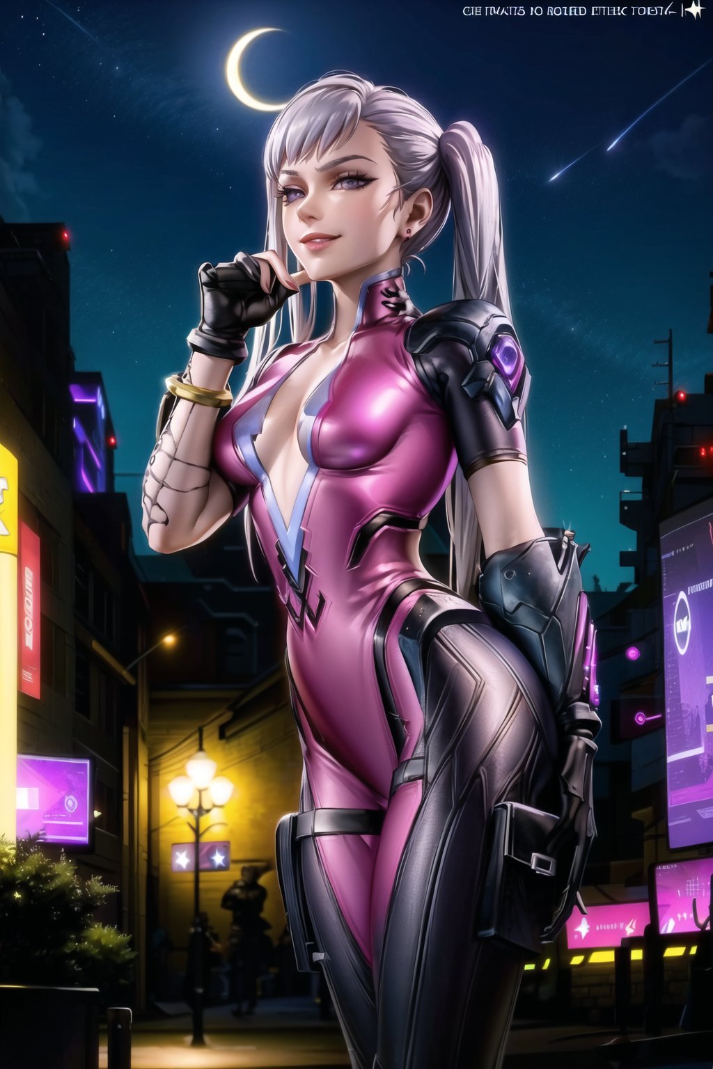 ((best quality)), ((highly detailed)), masterpiece, ((official art)), (noelle_silva, silver hair,purple eyes, twintails, bangs, earrings, jewelry), (floating_hair:1.2), (lips), smile, (widowsuit:1.2), black gloves, medium breasts, tattoo, (arm tattoo:1.2) ,(seductive pose:1.3), best quality, masterpiece, intricate details, scenary, outdoors, street, nigth, moon, (cyberpunk:1.2), star_(sky), spacecraft,trending on Artstation,  