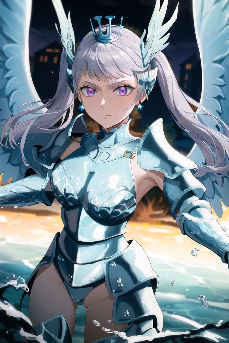 (((masterpiece))), best quality,(noelle_silva),long hair ,twintails,purple eyes,silver hair, bangs, ((water_armor)), earring, wings, blurry background, crown, valkyrie, armored dress, angel, night, holding water sword, fighting stance
