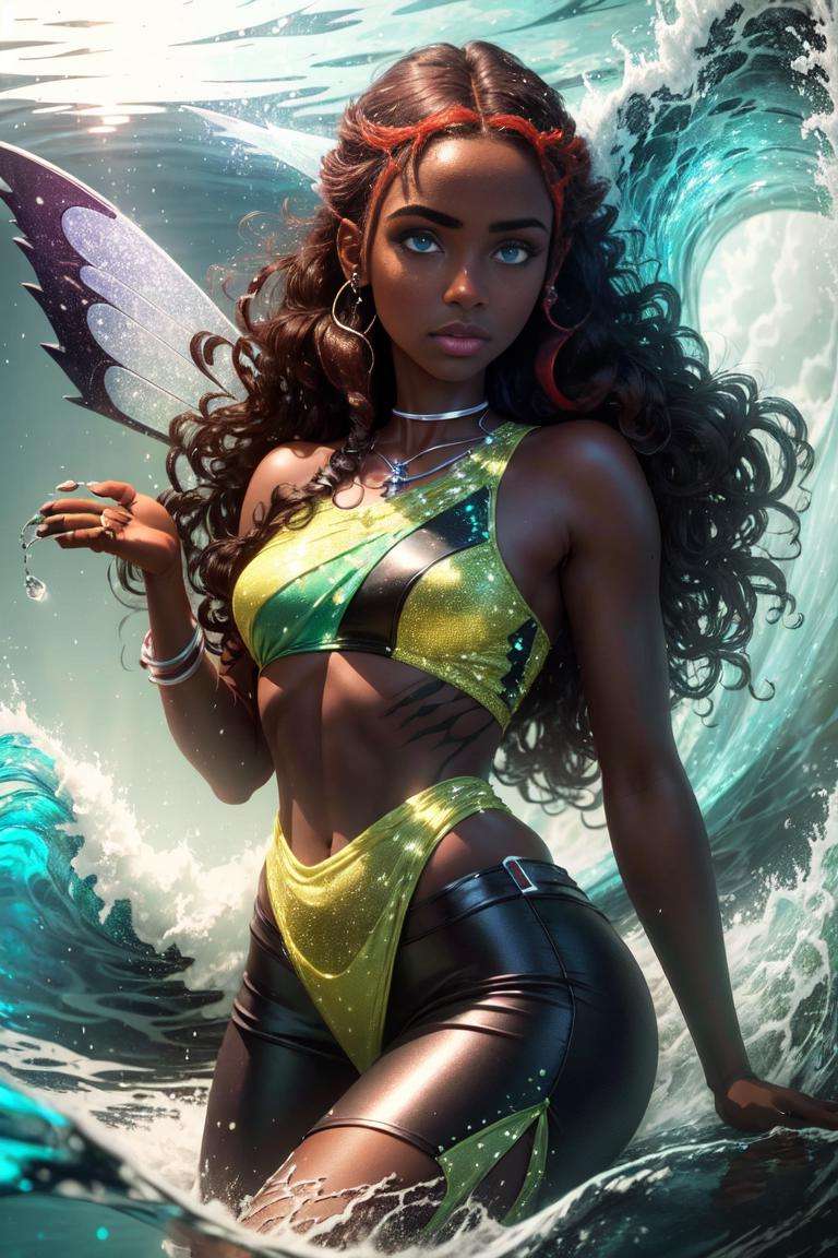 (Aisha/Layla), (black skin, brown skin:1.2), dark-skinned female, curly hair, long hair, brown hair, red strips in hair, blue-green eyes, (FairyOutfit), sparkling outfit, fairy wings, green outfit, (water background, blue waves background), (realistic:1.2), (masterpiece:1.2), (full-body-shot:1),(Cowboy-shot:1.2), neon lighting, dark romantic lighting, (highly detailed:1.2),(detailed face:1.2), (gradients), colorful, detailed eyes, (natural lighting:1.2), (cute pose:1.2), (solo, one person, 1girl:1.5),<lora:WinxClubLaylaAisha-10:0.9> <lora:add_detail:0.15> <lora:BeautifulEyes:0.65> <lyco:coloredSkin-08:0.3>