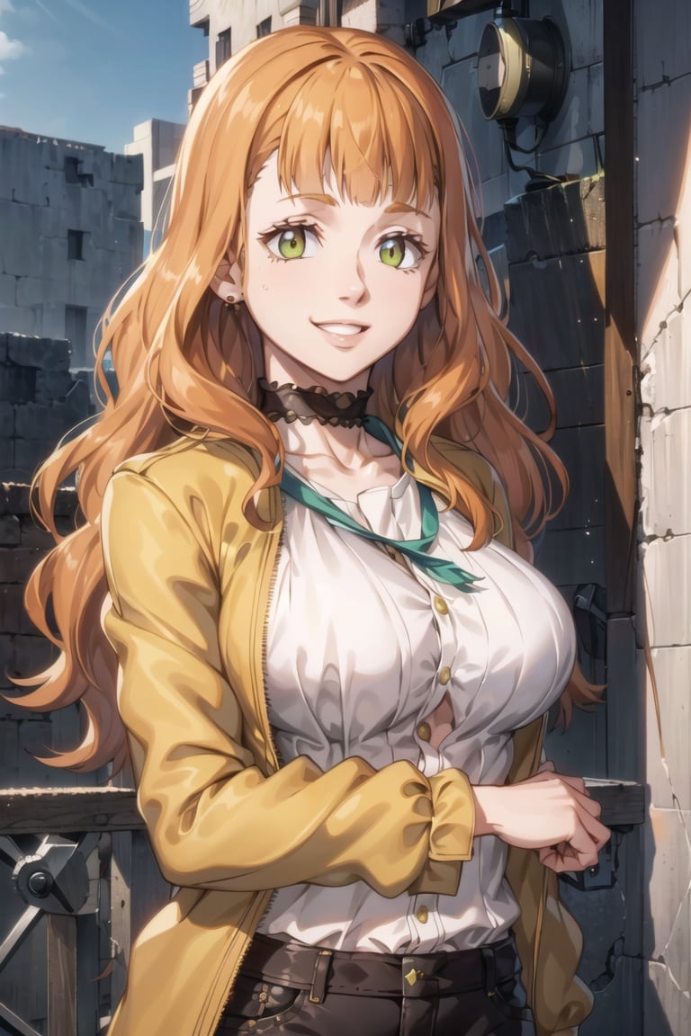 1girl, upper body, portrait, beautiful mimosa_vermillion,long hair, bangs, green eyes, orange hair, shirt, pants, choker, open jacket,  city, smile, outdoors, (volumetric lighting), best quality, masterpiece, intricate details, tonemapping, sharp focus, hyper detailed, trending on Artstation,