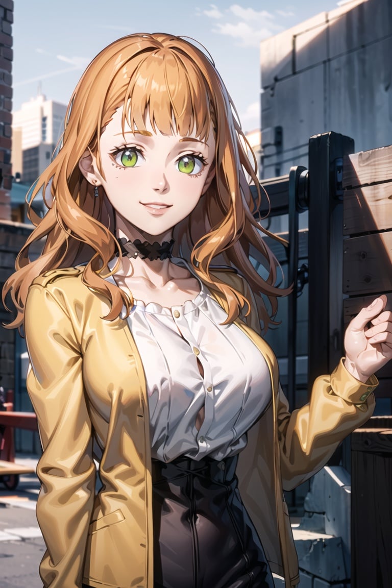 1girl, upper body, portrait, beautiful mimosa_vermillion, long hair, green eyes, orange hair, shirt, pants, choker, open jacket,  city, smile, outdoors, (volumetric lighting), best quality, masterpiece, intricate details, tonemapping, sharp focus, hyper detailed, trending on Artstation,