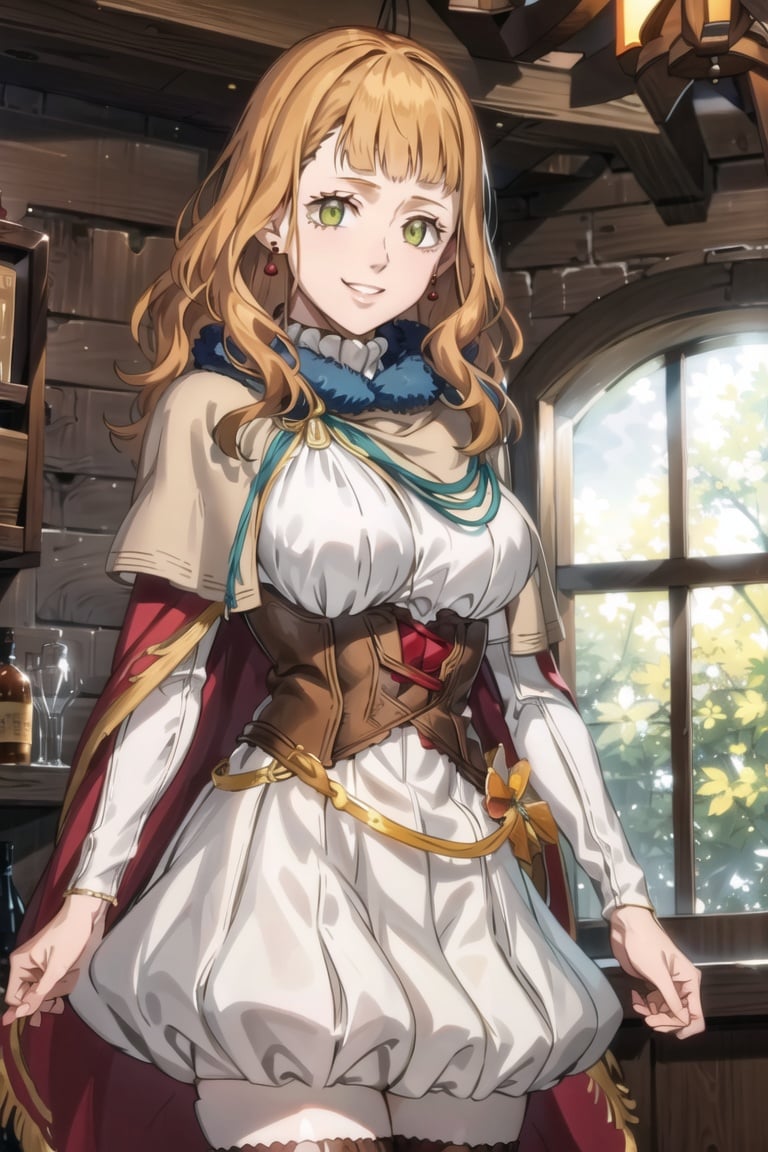 1girl, cowboy shot, beautiful mimosa_vermillion,long hair, bangs, green eyes, orange hair, mage_dress, golden_cape,mimosa_earrings, white sleeves, white skirt,smile,room,indoors, volumetric lighting, best quality, masterpiece, intricate details, tonemapping, sharp focus, hyper detailed, trending on Artstation,