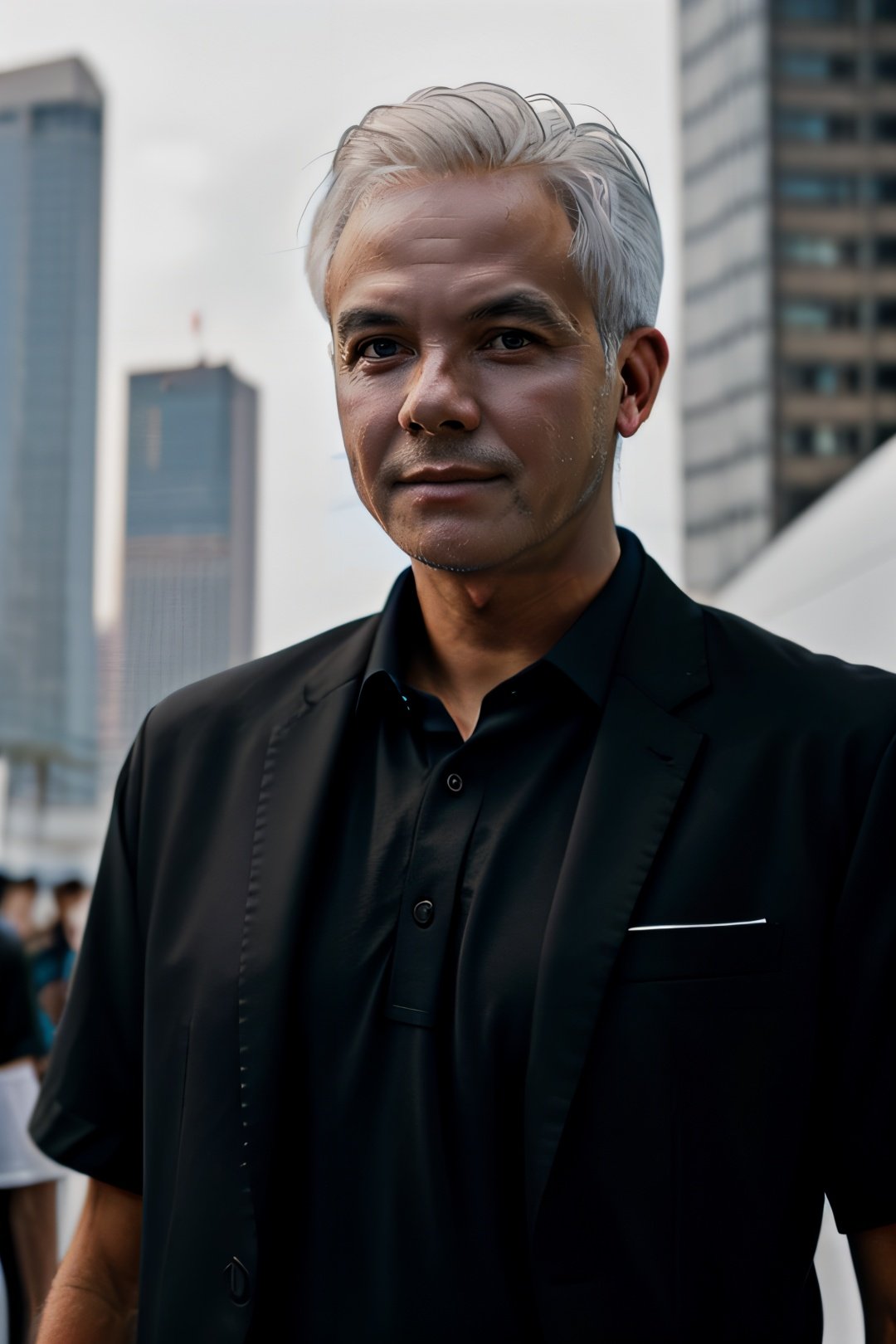 Hyper-realistic potrait of futuristic man wearing a black suit paired with black tie and white t-shirt standing in futuristic city, white hair,cyberpunk style, technology, thoughtful expression, shot by Nikon DSLR 8K, film glare, intricate details of man, wearing clear glasses, detailed eyes, intricate eyes,, <lora:g4njar_v1-000003:0.8>