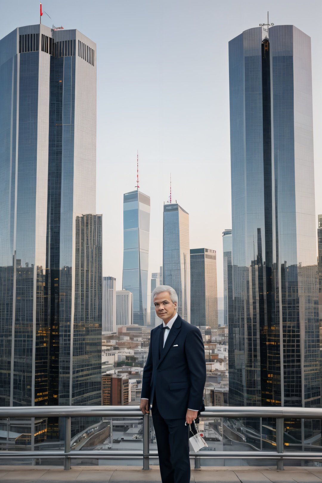 high-quality, realistic image of a stunningly handsome male dressed in an impeccably tailored Sherlock Holmes suit with a touch of elegant white hair, confidently standing in the midst of a futuristic cityscape. The man should exude charm and sophistication with a mature yet distinguished appearance. The futuristic city backdrop should be bustling with cyberpunk elements, accentuating the blend of classic and contemporary aesthetics. The image should showcase impeccable attention to detail, capturing the essence of a professional photoshoot. The lighting should be cinematic, casting captivating shadows that enhance the overall appeal of the composition. The futuristic elements in the city should be seamlessly integrated into the setting, creating a visually stunning and harmonious scene. Please ensure the image portrays a sense of urban elegance, sophistication, and timeless style,   <lora:g4njar_v1-000005:0.8>