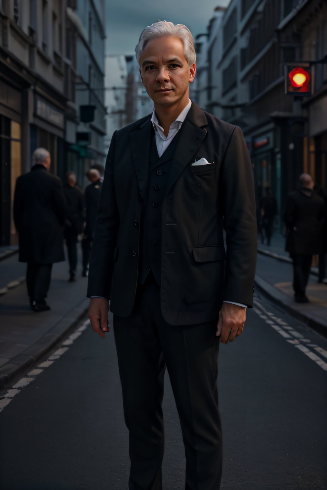 gorgeous male dressed in sherlock holmes suit,mafia pose ,((white hair)),standing on baker street, (background future city), attractive, flirting, (((full body visible))), looking at viewer, portrait, photography, detailed skin, realistic, photo-realistic, 8k, highly detailed, full length frame, High detail RAW color art, piercing, diffused soft lighting, shallow depth of field, sharp focus, hyperrealism, cinematic lighting,   <lora:g4njar_v1-000005:0.8>