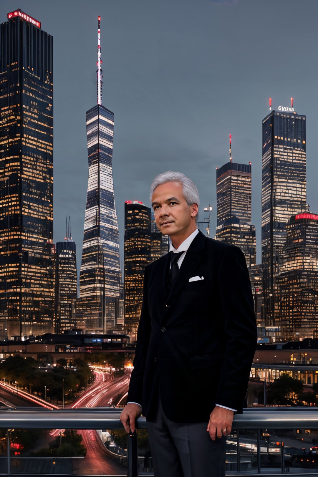 high-quality, realistic image of a stunningly handsome male dressed in an impeccably tailored Sherlock Holmes suit with a touch of elegant white hair, confidently standing in the midst of a futuristic cityscape. The man should exude charm and sophistication with a mature yet distinguished appearance. The futuristic city backdrop should be bustling with cyberpunk elements, accentuating the blend of classic and contemporary aesthetics. The image should showcase impeccable attention to detail, capturing the essence of a professional photoshoot. The lighting should be cinematic, casting captivating shadows that enhance the overall appeal of the composition. The futuristic elements in the city should be seamlessly integrated into the setting, creating a visually stunning and harmonious scene. Please ensure the image portrays a sense of urban elegance, sophistication, and timeless style,   <lora:g4njar_v1-000005:0.8>
