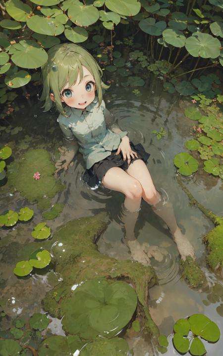 1girl,Stream,Moss,small pebble,Forest,Short Skirt,kid,Happy,Water,Bubble,paddy field,