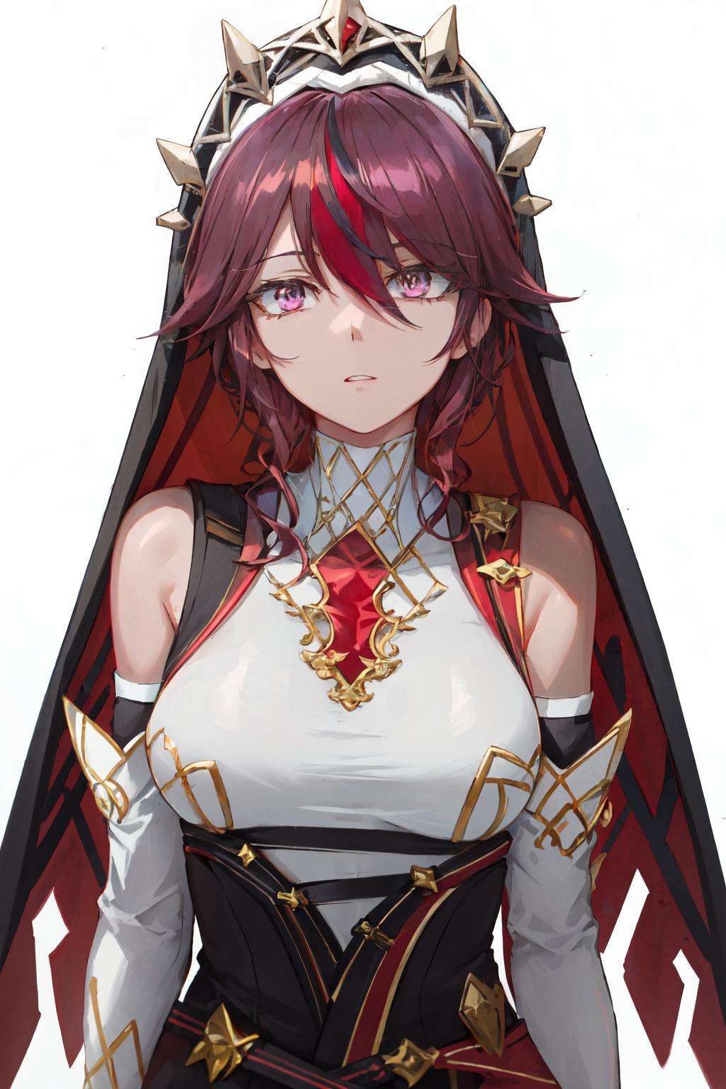 <lyco:free_style:1.0>free style, <lora:rosaria:1>rosaria(genshin impact), solo, streaked hair, red hair, purple hair, gloves, nun, purple eyes, veil, short hair, white gloves, large breasts, upper body, simple background, bare shoulders, parted lips, claw ring, hair between eyes, 1girl, habit, looking at viewer, white background, elbow gloves