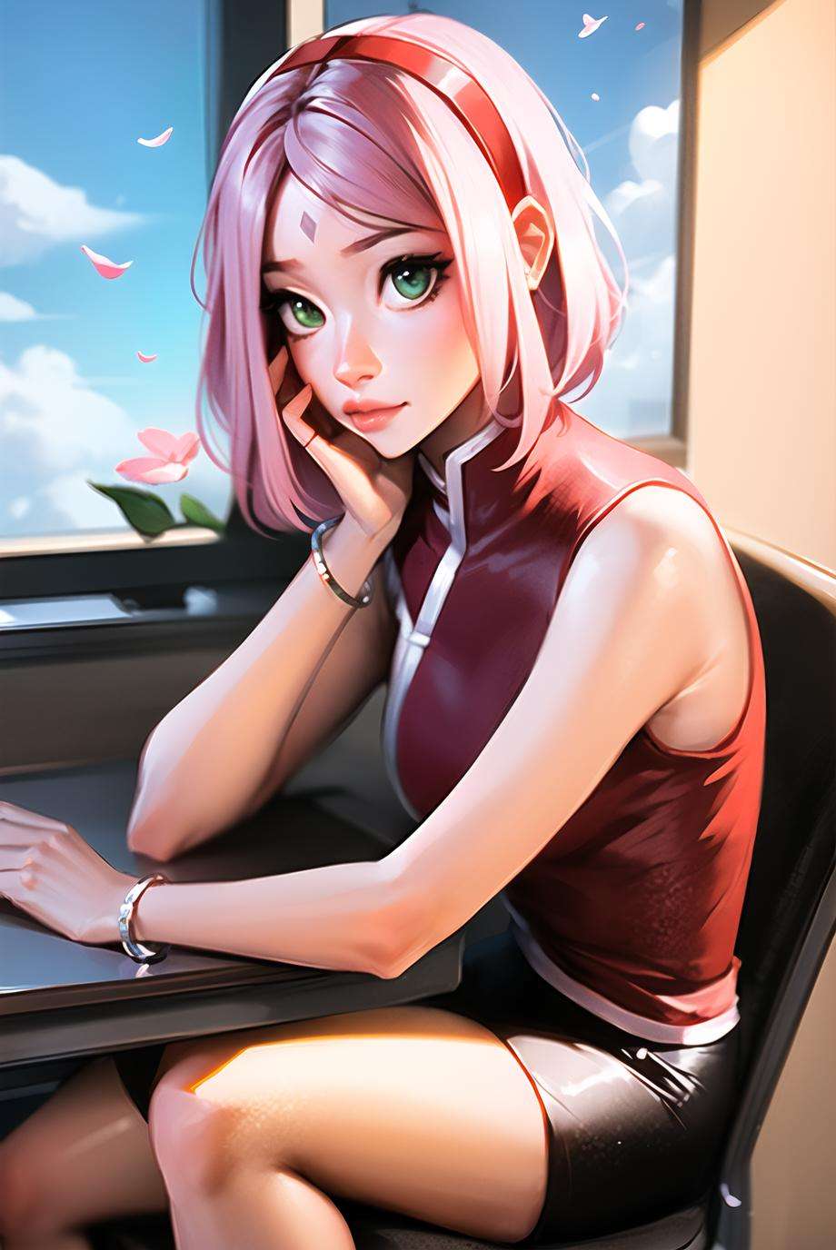 sam yang, haruno sakura, boruto: naruto next generations, naruto \(series\),1girl, bangs, bare arms, bracelet, closed mouth, desk, facial mark, flower, green eyes, hairband, indoors, jewelry, parted bangs, pink flower, pink hair, red hairband, red shirt, shirt, short hair, sitting, sleeveless, sleeveless shirt, solo, spring (season), upper body, ((masterpiece))<lora:sakura:0.65><lora:sam_yang-000028:0.65>