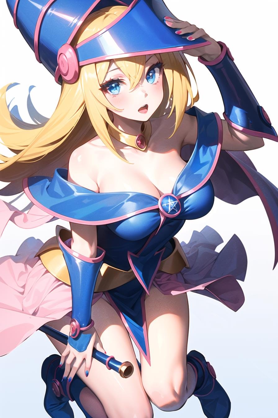 dark magician girl, masterpiece, best quality, 1girl, blonde hair, blue footwear, blue headwear, breasts, duel monster, hat, hexagram, large breasts, long hair, looking at viewer, nail polish, open mouth, pentacle, pentagram, solo, staff, wand, wizard hat,yu-gi-oh!,<lora:dark_magician_girl:0.6>