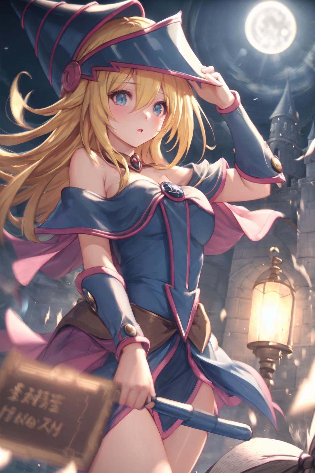 dark magician girl, mksks style, (very detailed background:1.0), (highly detailed background:1.0), masterpiece, best quality, (1girl), solo, (water), long hair, blonde hair, blue headwear, wizard hat, spell casting, castle, castle:2, motion blur, book, magic, (moonlight:1.2), chromatic aberration, depth of field, soft lighting, highly detailed face, highly detailed eyes, <lora:darkMagicianGirlLora_1:0.6>, <lora:dpep2 768:0.7>