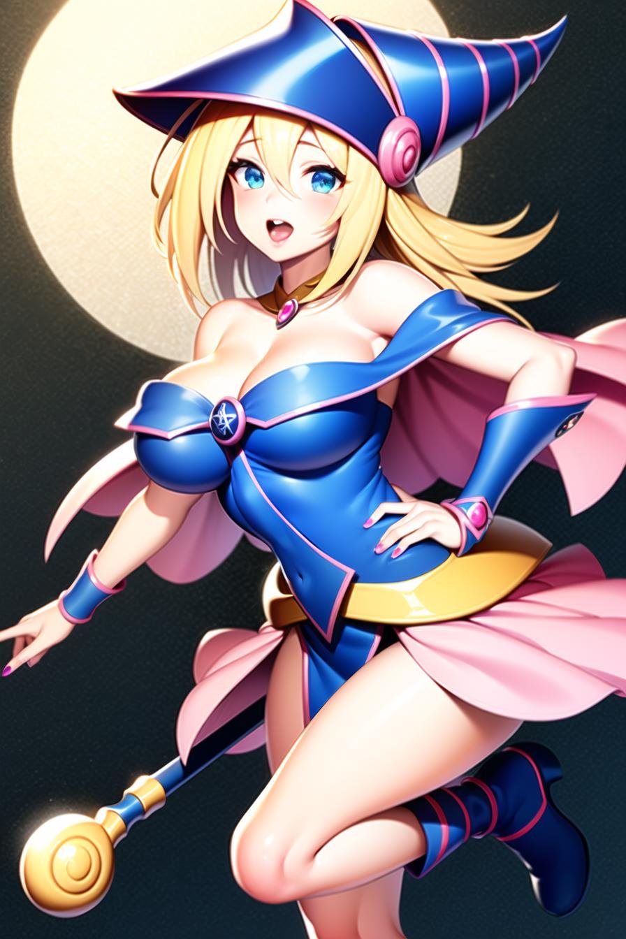 dark magician girl, masterpiece, best quality, 1girl, blonde hair, blue footwear, blue headwear, breasts, duel monster, hat, hexagram, large breasts, long hair, looking at viewer, nail polish, open mouth, pentacle, pentagram, pink nails, solo, staff, wand, wizard hat,yu-gi-oh!,<lora:dark_magician_girl:0.6>