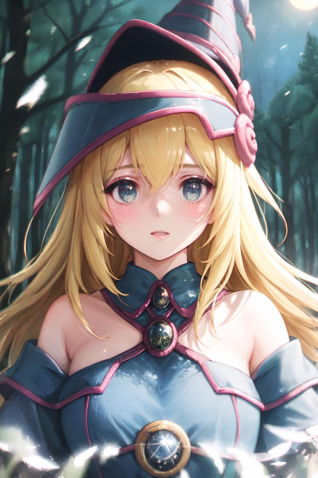 dark magician girl, mksks style, (very detailed background:1.0), (highly detailed background:1.0), masterpiece, best quality, (1girl), solo, (forest), long hair, blonde hair, blue headwear, wizard hat, spell casting, nature, trees:1.2, motion blur, magic, (moonlight:1.2), chromatic aberration, depth of field, soft lighting, highly detailed face, highly detailed eyes, <lora:darkMagicianGirlLora_1:0.6>, <lora:dpep2 768:0.7>