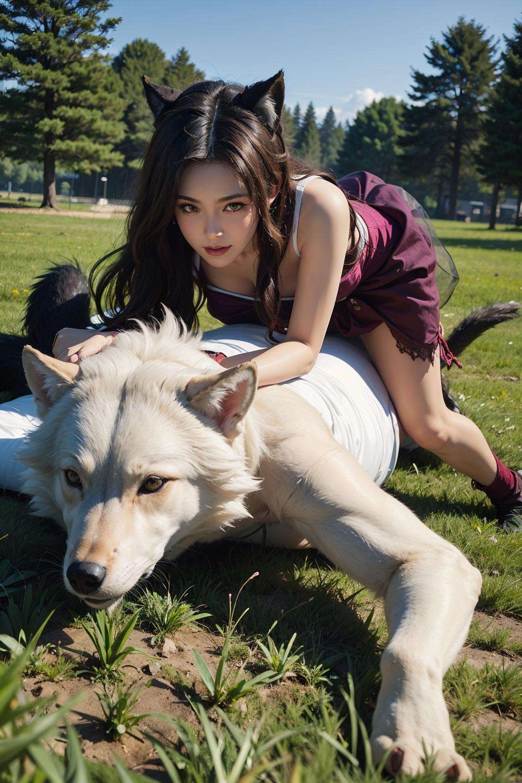 a woman in white gown and a wolf laying in the grass, in the style of spatial concept art, gigantic scale, manticore, animated action,dynamic and action-packed, inventive character designs