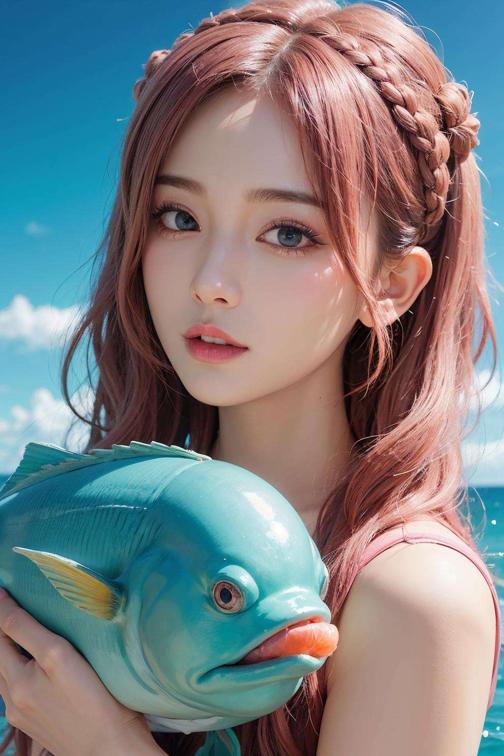 a girl with fish on her hair in the ocean, in the style of kawaii aesthetic, photorealistic scenes, light pink and dark aquamarine, i can't believe how beautiful this is, dark azure and pink, shiny/glossy, exaggerated facial features